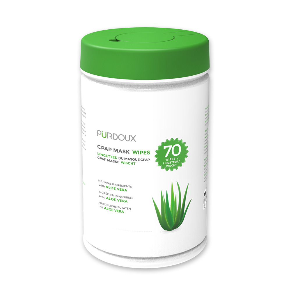 PURDOUX CPAP Mask Wipes, Aloe Vera (Unscented) Canister Angle 2