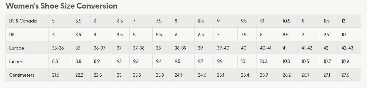 Ortho Women Shoe Size Chart